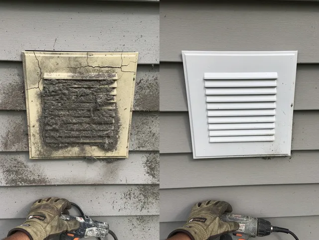 East Rancho Dominguez Dryer Vent Cleaning technician installing high-quality dryer vent cover at a residential property in East Rancho Dominguez