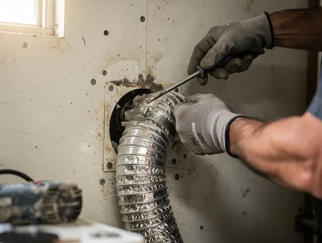 East Rancho Dominguez Dryer Vent Cleaning technician performing precise dryer vent hose installation in East Rancho Dominguez
